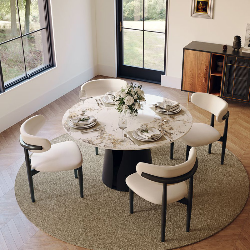 47" Vera Modern Round Dining Table, Sintered Stone Tabletop With Carbon Steel Pedestal Base for Kitchen, Black, Pandora