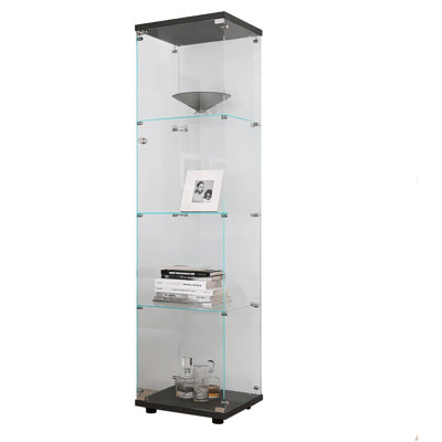 Black 4-Shelves Glass Cabinet With One Door - Practical Display Case 4-Shelf Chic