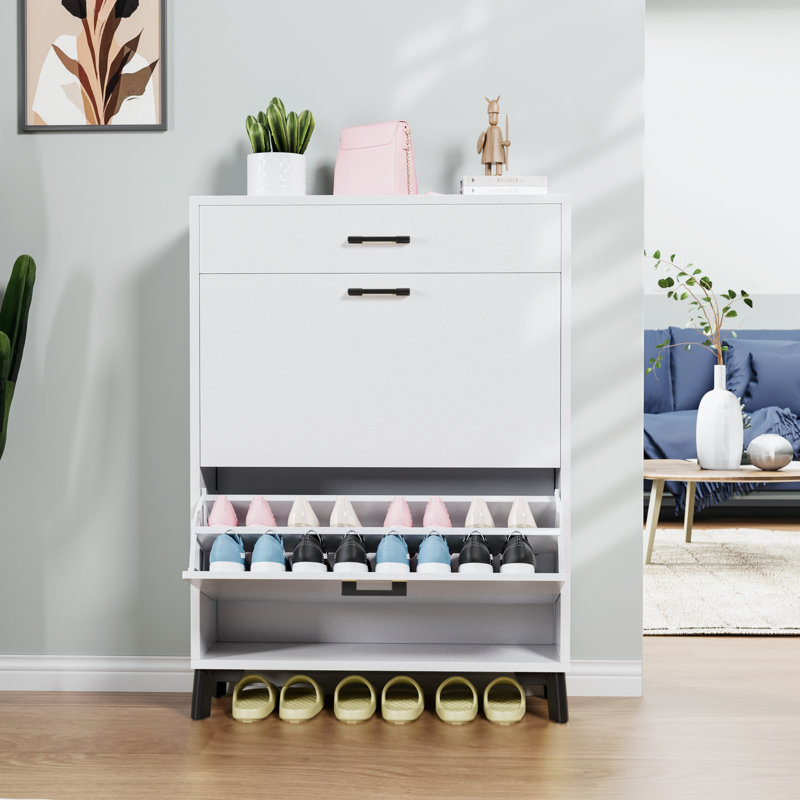 Shoe Storage Cabinet For Entryway, Free Standing Shoe Organizer With 2 Flip Drawers, Hidden Shoe Rack Storage Organizer