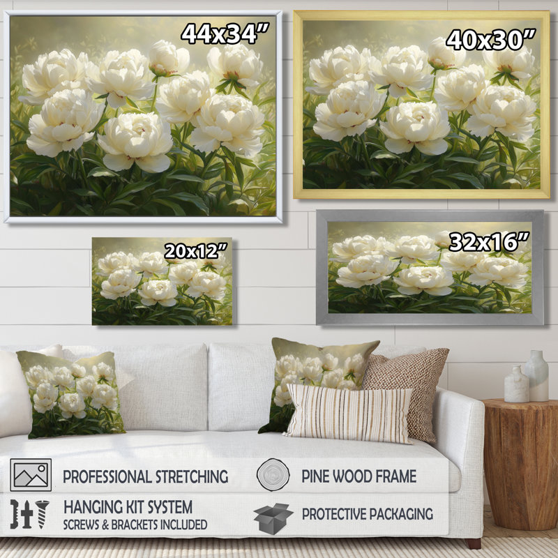 Reproduction d'art sur toile, "White Petal Serenity Of Peony Sunset I" - pivoines blanches, H 16 po x l 32 po