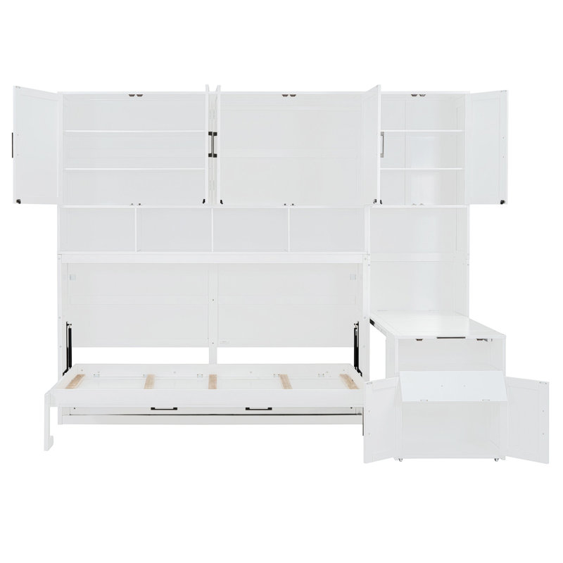 Lit escamotable simple avec lit escamotable avec placard, tiroirs et bureau - Blanc (OLD SKU: LP000595AAK-1)