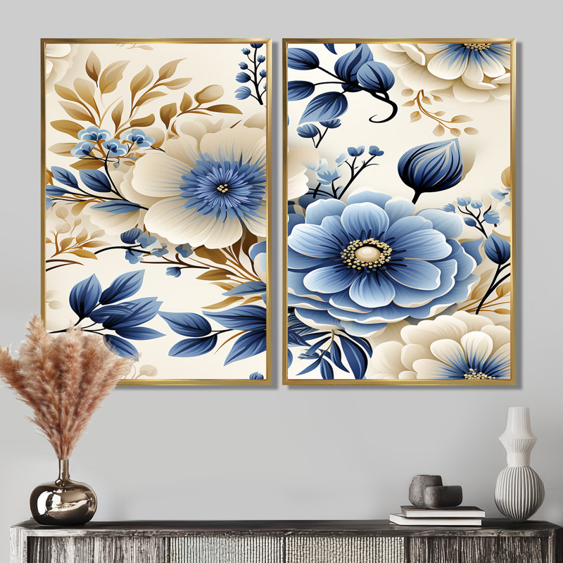 Classic Blue Harmony Bouquet - Art mural bleu 2 pièces, 36" H x 48" W, Impression encadrée flottante, Gold