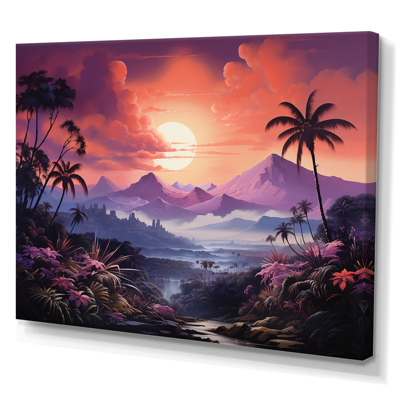 «Abstract Hawaii Palm Tree Sunset», reproduction sur toile, Toile tendue, H 16 po x l 32 po x P 1 po