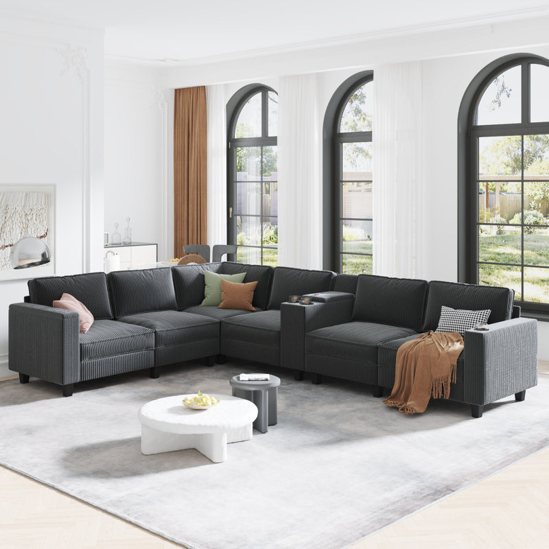 Marlon L-Shaped Corduroy Sectional Sofa with Storage & Cup Holders, Gray Corduroy
