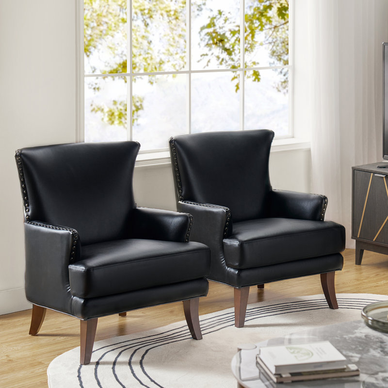 Awad Vegan Leather Wingback Armchair, Black Faux Leather