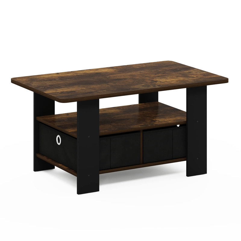 Table basse avec tiroir-bac Kenton, Plateau en bois de pin ambré / base noire