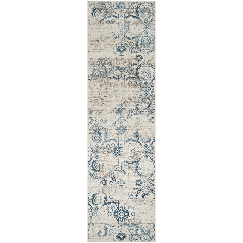 Florence-Graham Pp Viscose Cotton Weft + Warp Latex Floral Rug in Blue/Creme, Runner 2'3" x 8'