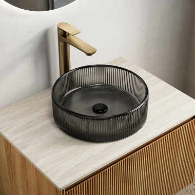 14'' Transparent Black Round Crystal Glass Bathroom Sink, Artistic Stripes Enhance Style, Fits On Various Cabinets, Daily Cleaning Is A Breeze, Water Splash - Feature, Faucet Requirement