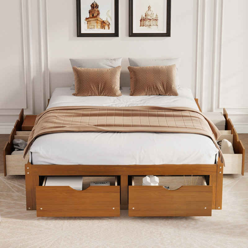 Lit plateforme avec 6 tiroirs de rangement, lit de rangement en bois de pin, Queen, Walnut