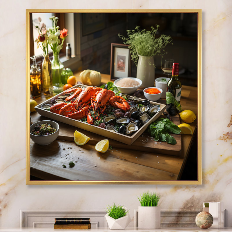 Assortiment de fruits de mer III sur toile, H 16 po x l 16 po x P 1 po, Cadre flottant doré