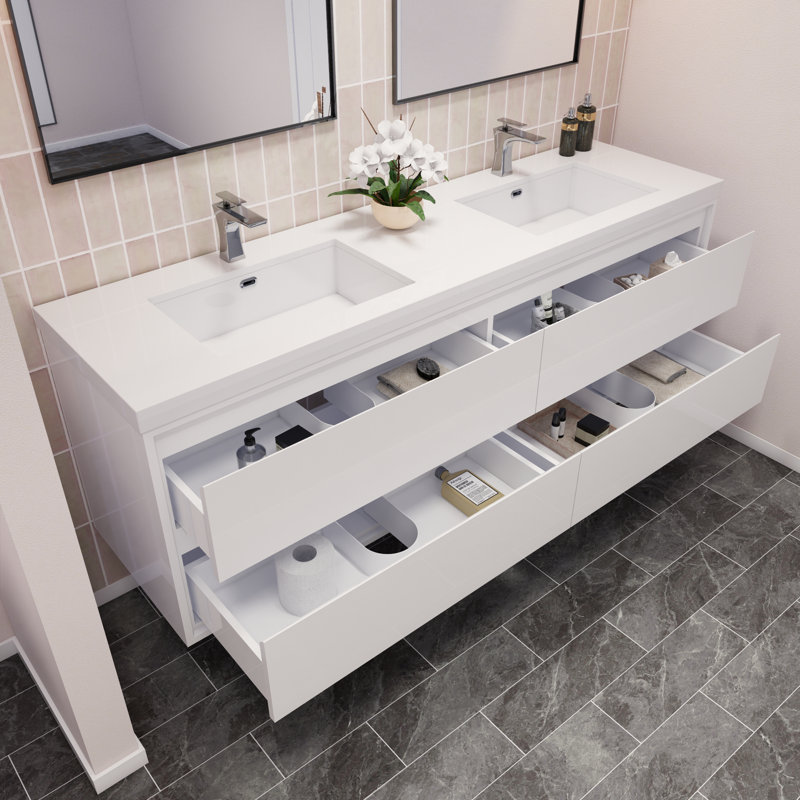 Ensemble de meuble-lavabo double mural 70,6 po Azden, Blanc très luisant