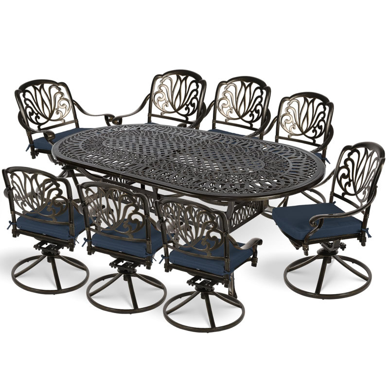 Oval 8 - Person 84'' Long Dining Set with Cushions, Navy Blue