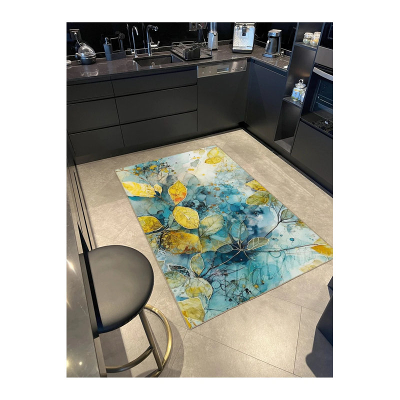 Ice Blue Floral Washable Indoor/Outdoor Area Rug, Rectangle 2'6" x 5'