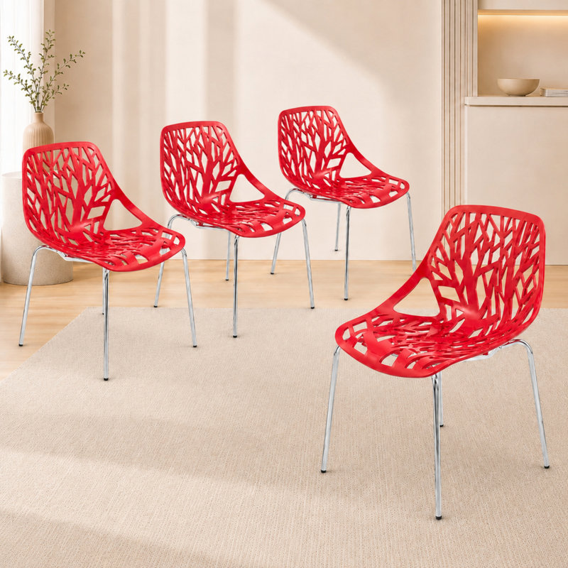 Hadda Stackable Dining Chair with Floral Cutout Back and Stainless Steel Legs – Modern Metal Side Chair for Kitchen, Dining Room, or Restaurant