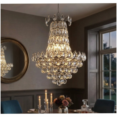 Lustre moderne à 6 lumières, encastré au plafond, avec pampilles prismatiques transparentes.