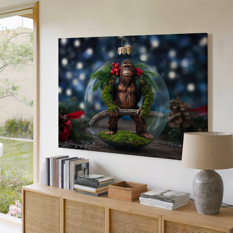 Toile, ornement fantaisiste représentant une figure de Bigfoot couverte de mousse, art mural debout en toute confiance tout en tenant une branche robuste