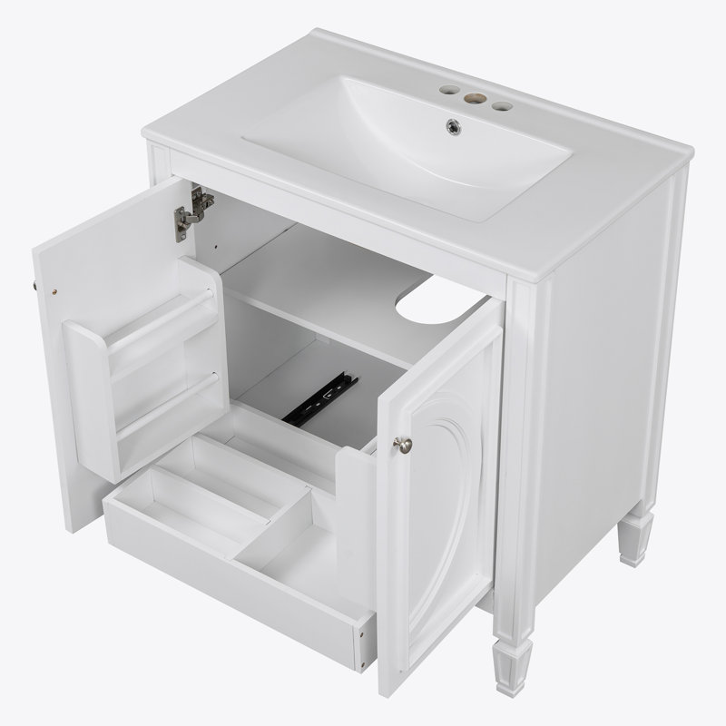 Meuble-lavabo de 30 po avec lavabo, deux portes avec tablette, charnières de porte à fermeture en douceur, style rétro, Blanc