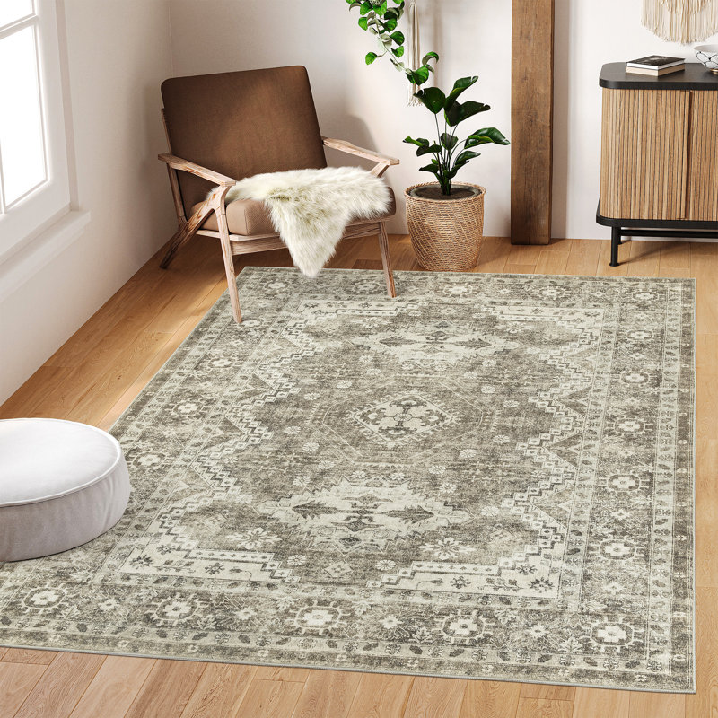 Washable Rug - Stain Resistant Area Rug, Ultra Thin Anti Slip Backing Rugs (Beige/Ivory), Rectangle 5' x 7'