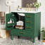 Meuble de salle de bain de 76 cm avec trois tiroirs, portes à fermeture amortie, lavabo en céramique, poignées dorées, rangement compact, espace de bain optimisé