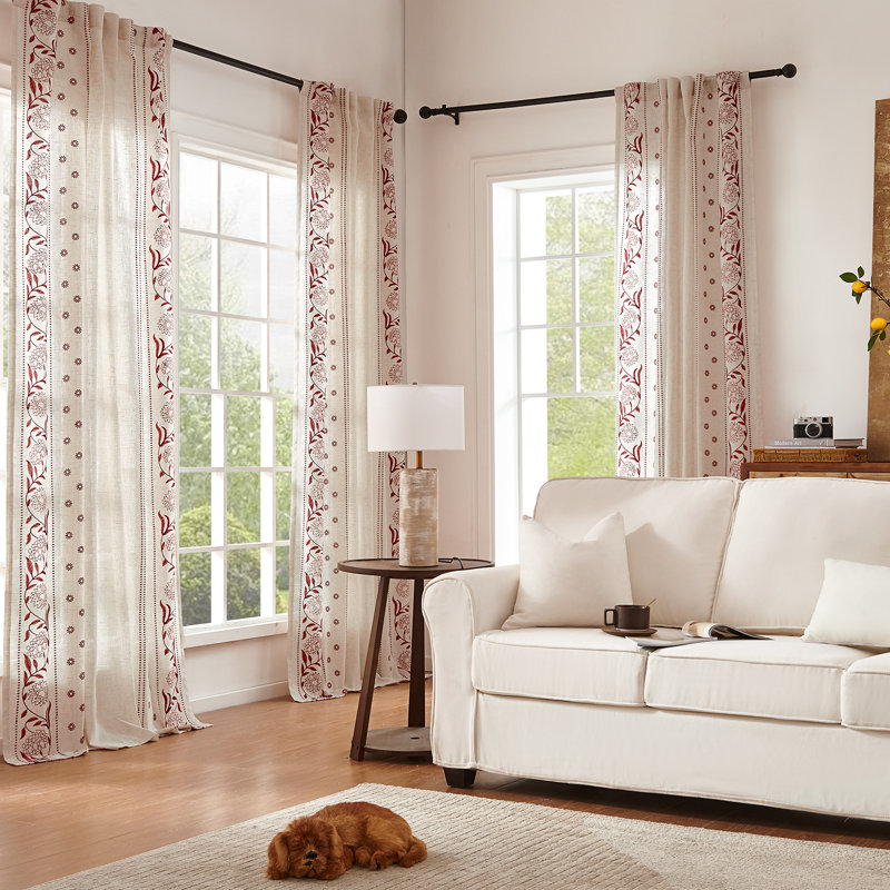 Linen Blended Semi Sheer Embroidered Floral Curtains, 50" W x 63" L, Burgundy