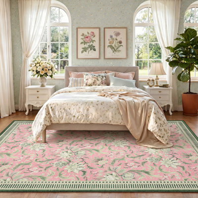 Washable Area Rug, Floral Soft Rug for Living Room, Non Slip Low Pile Carpet for Living Room, Bedroom, Dining Room