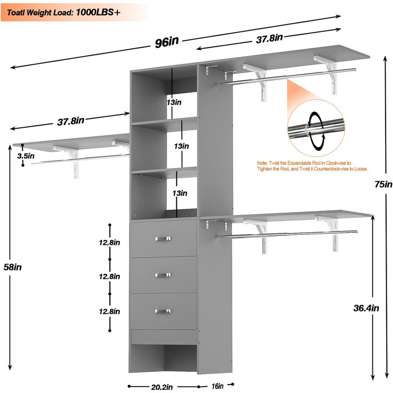  20.2'' - 96'' W Closet System with Wooden Drawers and Hanging Rods(cut To Fit), Gray