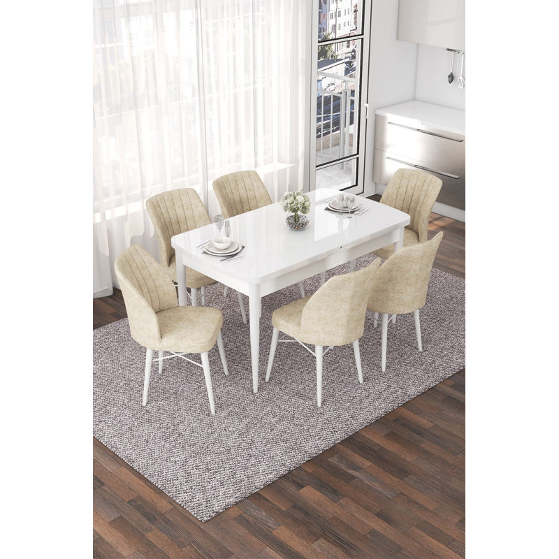 Ensemble de table et chaises de salle à manger extensible Elegant (7 pièces), blanc et crème | Panneau de fibres à densité moyenne avec pieds en bois et structure en métal, table: 44,9 po x 30,7 po x 27,6 po (ouvert: 56,7 po) | Sièges confortables avec mousse 22 et 28 | Conception moderne pour un repas élégant