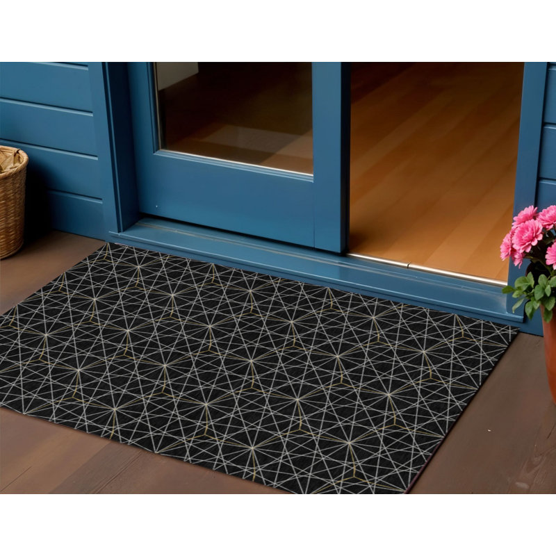 3' X 5' Black And Ivory Geometric Washable Indoor Outdoor Area Rug