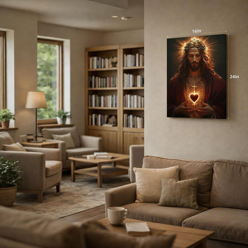 Framed Jesus Wall Art, Faith Christian Wall Decor, Merciful Savior Jesus Religious Poster Print, Radiant Sacred Heart Inspired Canvas Painting For Church Prayer Room Ready To Hang