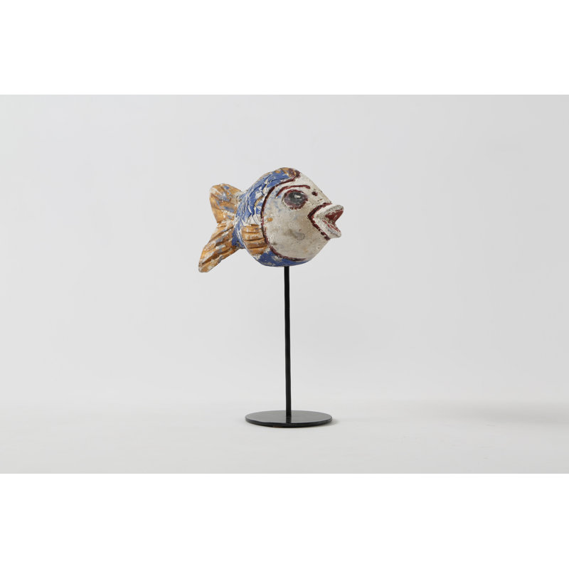 Lily's Living 12" H Medium Round Vintage Style Wooden Carving Fish With Iron Stand (Size & Color Vary), 10" H x 6" W x 3" D