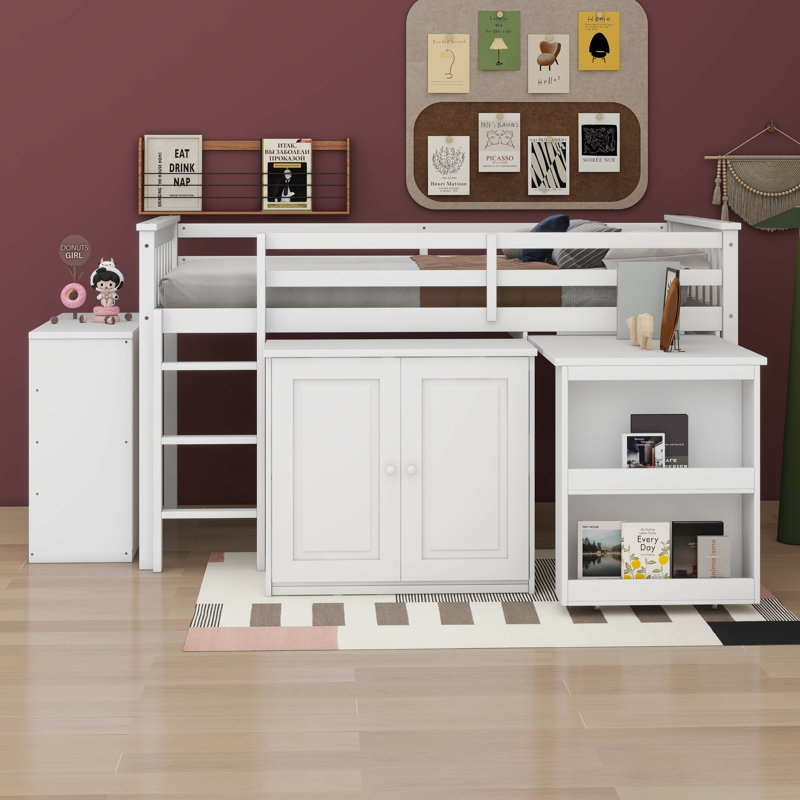 Twin Loft Bed With Drawer And Shelf Cabinet And Pulling-Out Desk, White