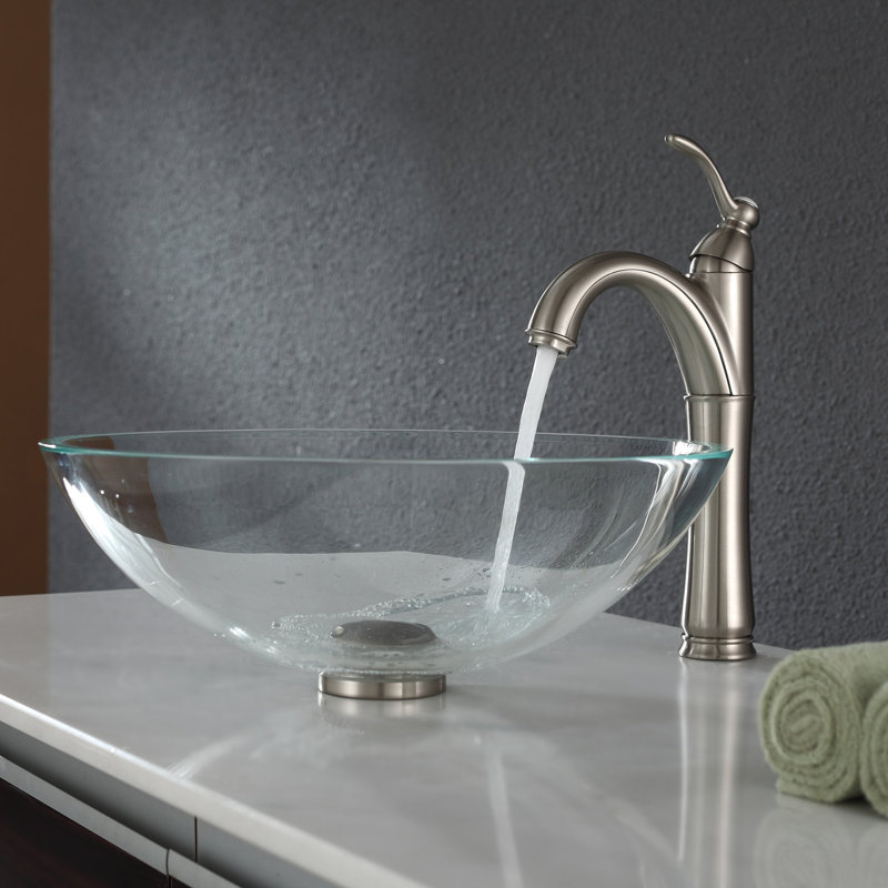 Lavabo vasque en verre transparent Kraus avec bonde escamotable, Nickel satiné