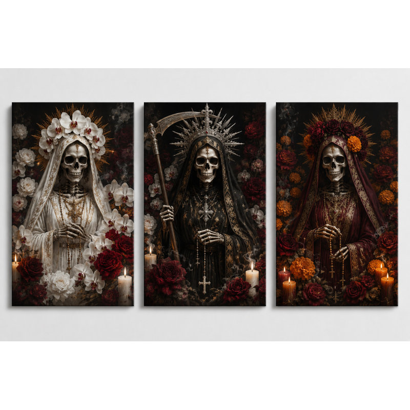 Grand ensemble de 3 reproductions d'art sur toile squelette de Santa Muerte