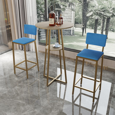 Ensemble de table de bar et chaises trois pièces, structure dorée, coussins de siège et de dossier en éponge, table de bar avec rangement