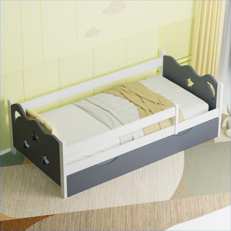 Lit plateforme pour chambre d'enfant, lit simple en bois massif blanc avec décoration étoile et lune, aucun sommier nécessaire