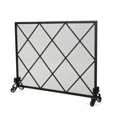 Iron Fireplace Screen - Single Panel, Stylish Classic Diamond, 41.5" X 8.9" 32.1", Black Iron, Panel With Modern Minimalist Finish