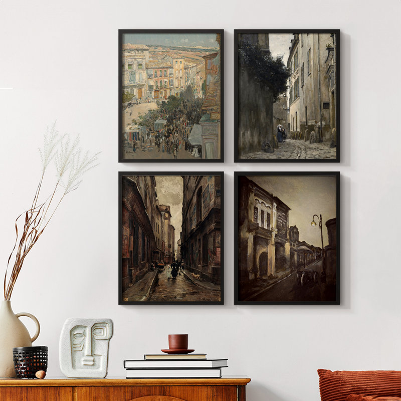 «Vintage Landscape», ensemble de 4 encadrées, H 44 po x l 14 po, Noir