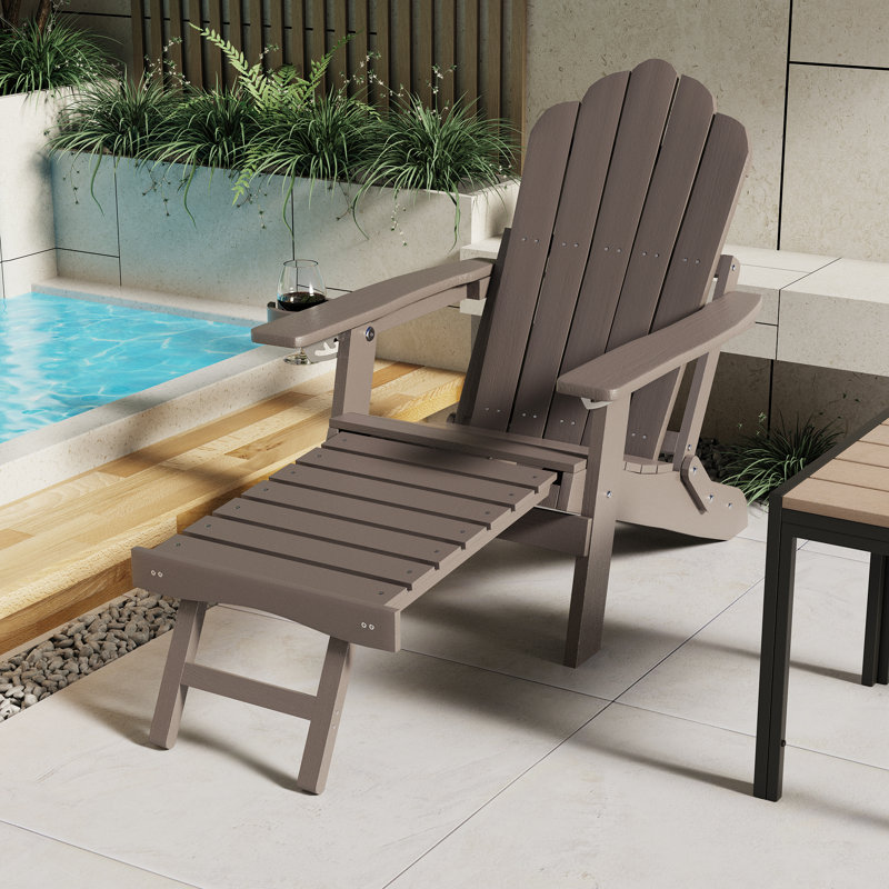Folding Adirondack Chair with Cup Holders, Fire Pit Chair with Retractable Ottoman, Multifunctional HIPS Chair for Patio