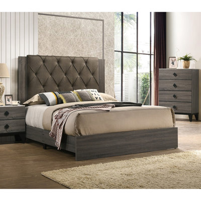 Lit contemporain grand format, gris, tête de lit, meubles en bois d'hévéa, bois d'hévéa gris, style moderne