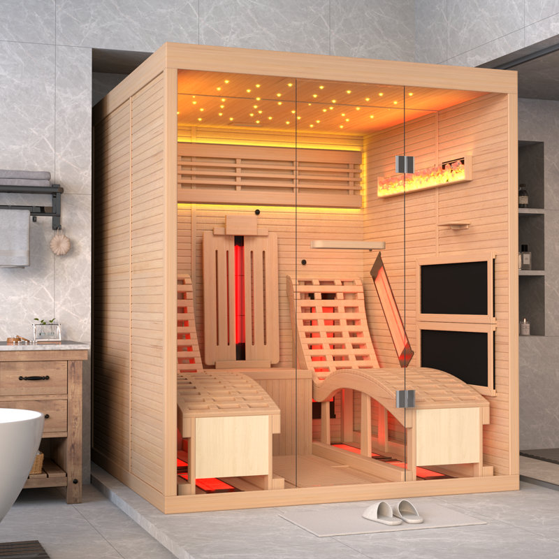 Sauna infrarouge d'intérieur avec fauteuil inclinable pour 2 personnes Erommy, sauna domestique avec Bluetooth et verre trempé, pruche