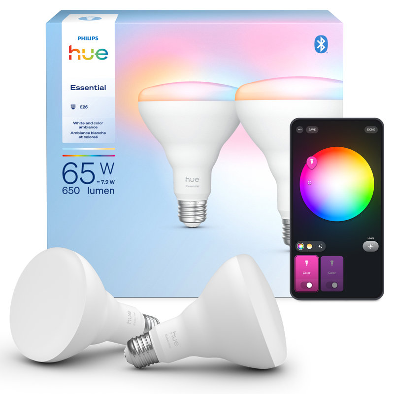Hue Essentials Smart LED BR30 65W Bulb 2-Pack White and Color Ambiance