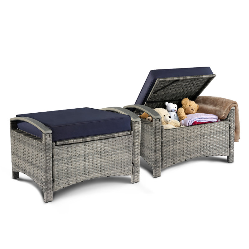 Repose-pieds en osier avec coussin (ensemble de 2), Gris, Bleu