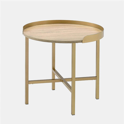 Table de bout ronde avec plateau, chêne et or