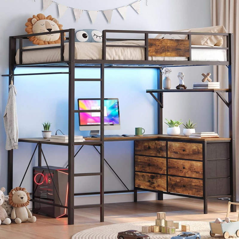 Loft Bed With L-shaped Desk, Bed Frame With Led Lights & Charging Station, 6 Storage Drawers