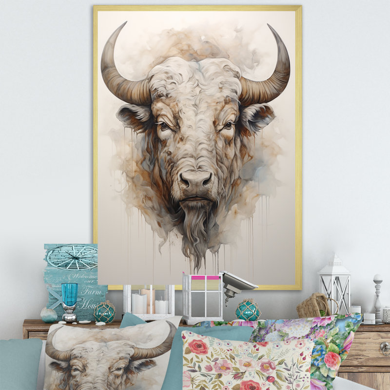 Tête de bison Buffalo III sur toile, H 44 po x l 34 po x P 1,5 po, Cadre doré simple