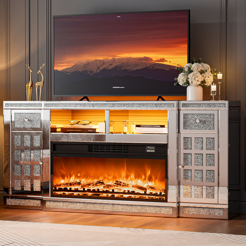 Silver Mirrored Fireplace Tv Stand, Modern Tv Stand Entertainment Center With Fireplace - Large Storage, Led Lights, Adjustable Heat & 3d Flame Effect, Crushed Diamonds, Fits Tvs Up To 65"+