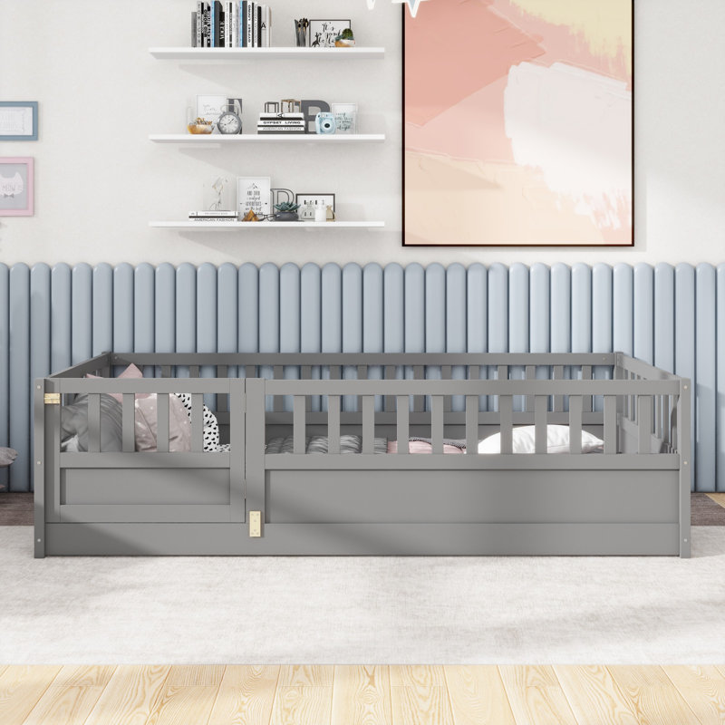 Twin Size Montessori Floor Bed With High Security Barrier & Door, Gray, Gray, Twin