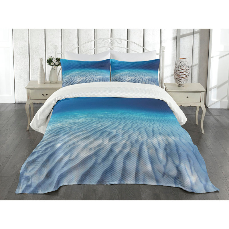Queen White and Blue Quilted Bedspread Set with Shams