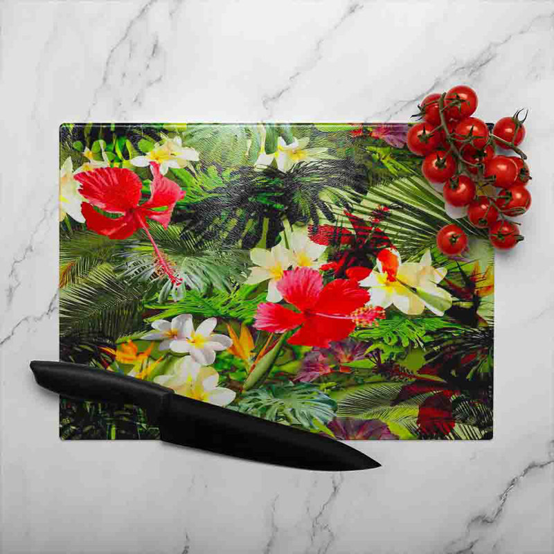 Tropical Foliage Glass Chopping Board, 40cm L x 28cm W