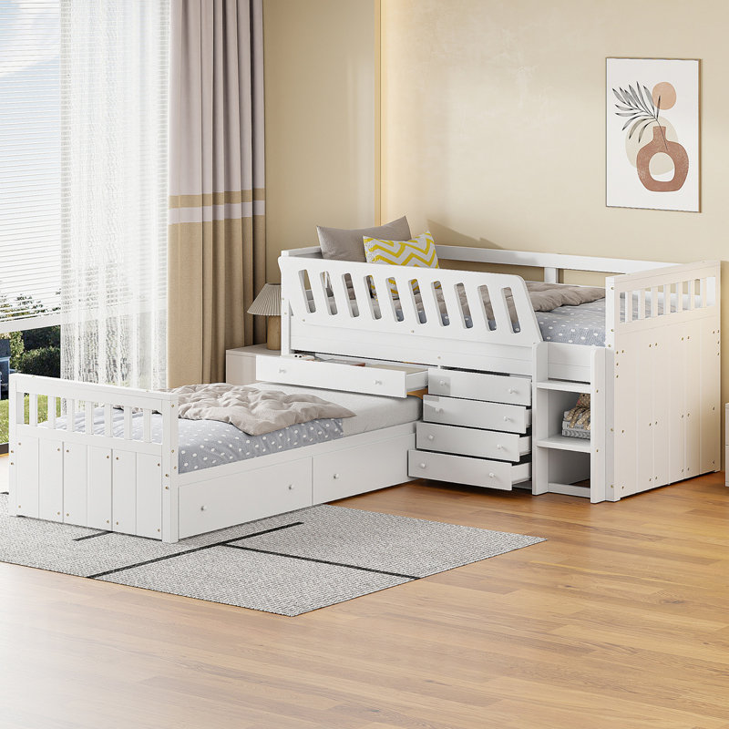 Lit mezzanine et lit plateforme en L avec 7 tiroirs et garde-corps, Blanc